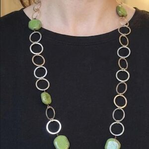 vintage Statement Silver & Green Geometric Link Necklace 🌿✨